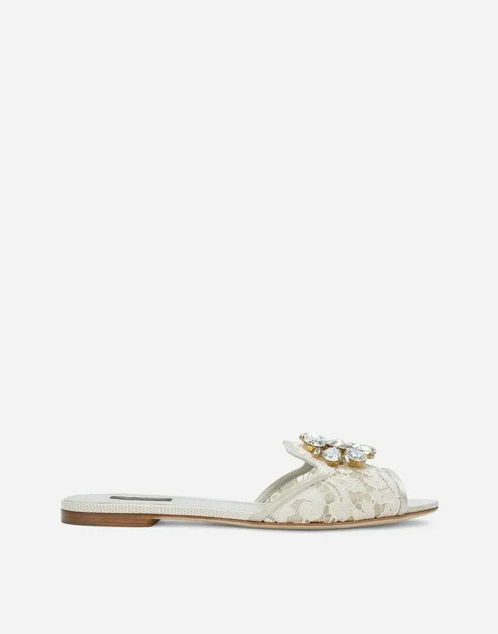 Dolce and Gabbana Slides And Mules Women Lace Rainbow Slides With Brooch Detailing White Dolce and Gabbana Slides And Mules Women Lace Rainbow Slides With Brooch Detailing White
