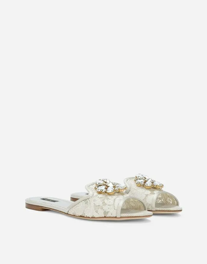 Dolce and Gabbana Slides And Mules Women Lace Rainbow Slides With Brooch Detailing White Dolce and Gabbana Slides And Mules Women Lace Rainbow Slides With Brooch Detailing White