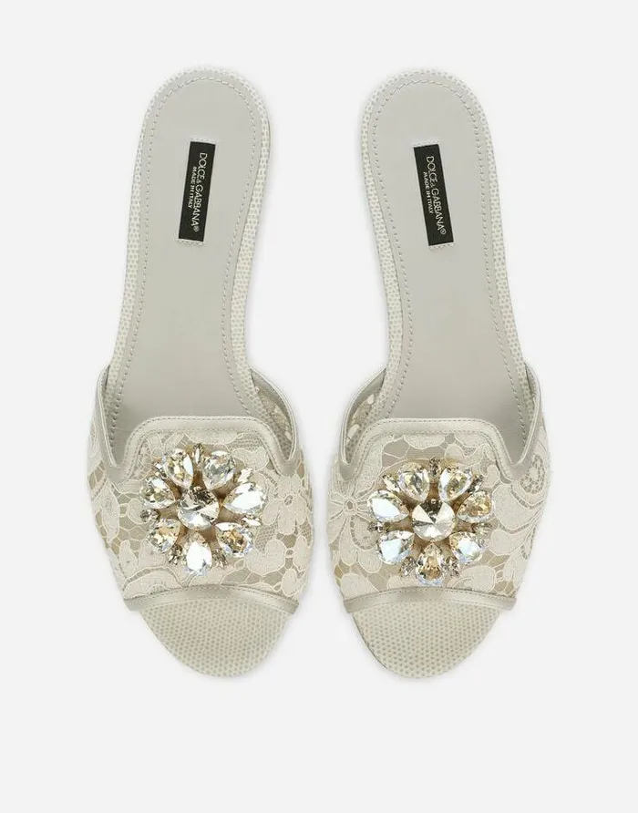 Dolce and Gabbana Slides And Mules Women Lace Rainbow Slides With Brooch Detailing White Dolce and Gabbana Slides And Mules Women Lace Rainbow Slides With Brooch Detailing White