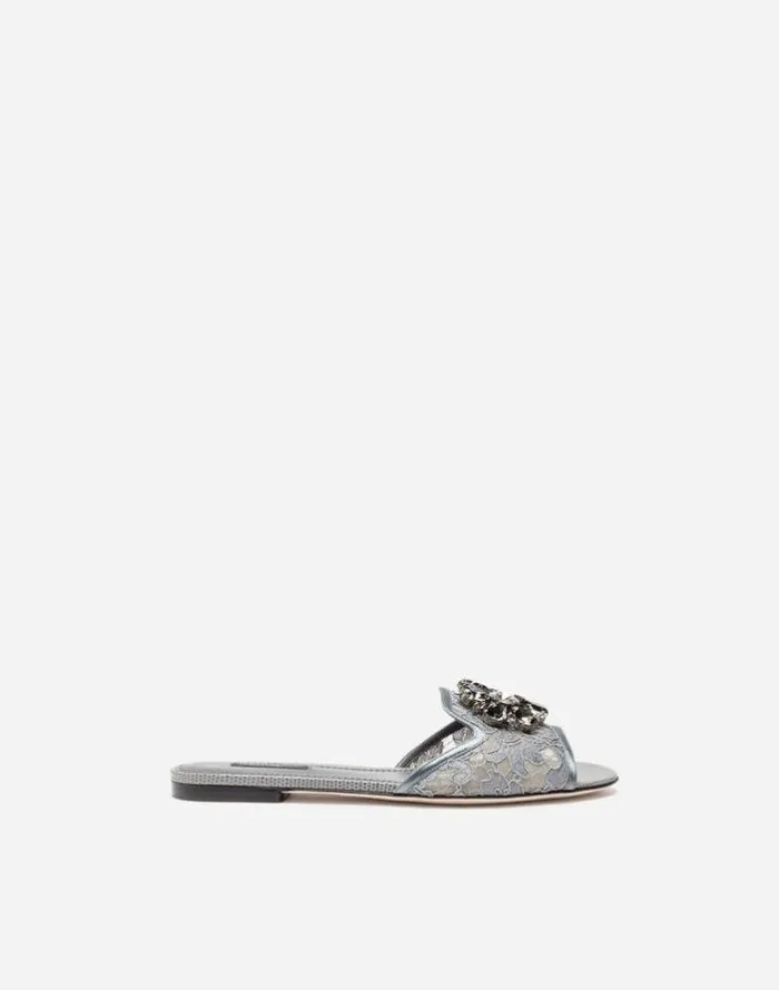 Dolce and Gabbana Slides And Mules Women Lace Slides With Crystals Grey