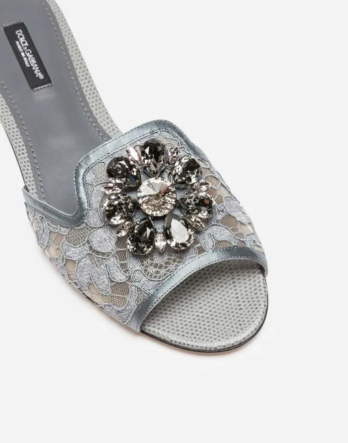 Dolce and Gabbana Slides And Mules Women Lace Slides With Crystals Grey Dolce and Gabbana Slides And Mules Women Lace Slides With Crystals Grey