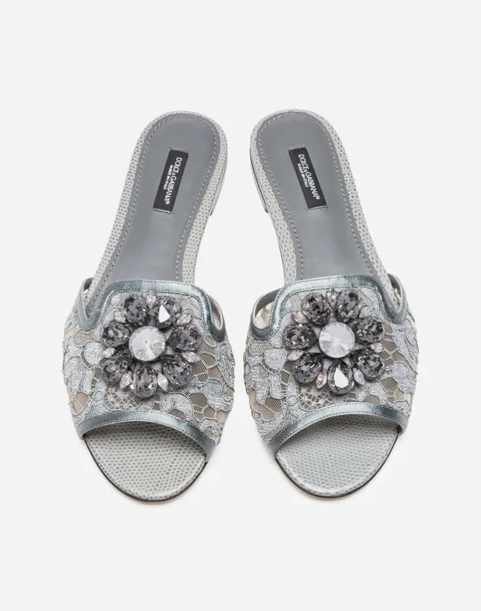 Dolce and Gabbana Slides And Mules Women Lace Slides With Crystals Grey Dolce and Gabbana Slides And Mules Women Lace Slides With Crystals Grey