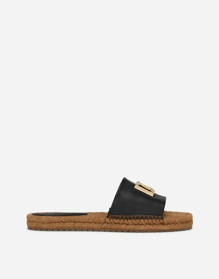Dolce and Gabbana Slides And Mules Women Nappa Leather Espadrille Sliders With DG Logo Black Dolce and Gabbana Slides And Mules Women Nappa Leather Espadrille Sliders With DG Logo Black