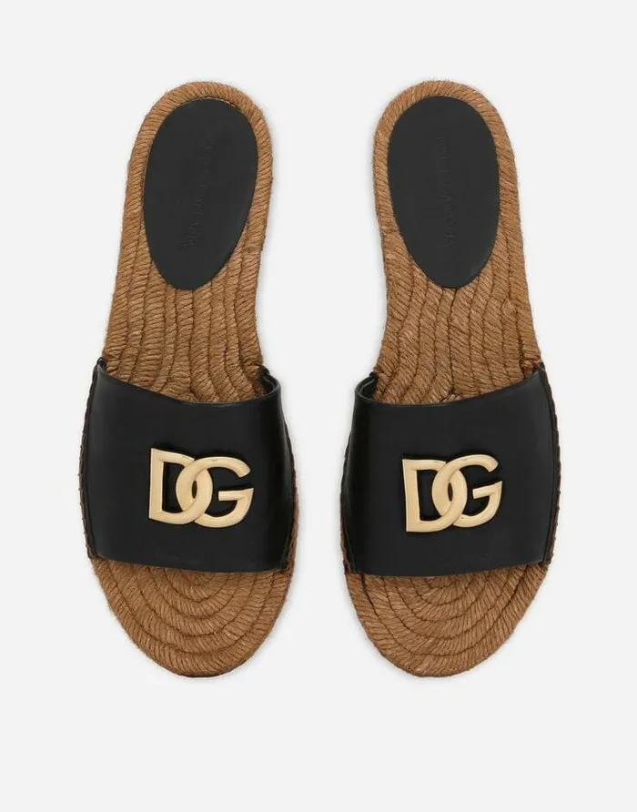 Dolce and Gabbana Slides And Mules Women Nappa Leather Espadrille Sliders With DG Logo Black Dolce and Gabbana Slides And Mules Women Nappa Leather Espadrille Sliders With DG Logo Black