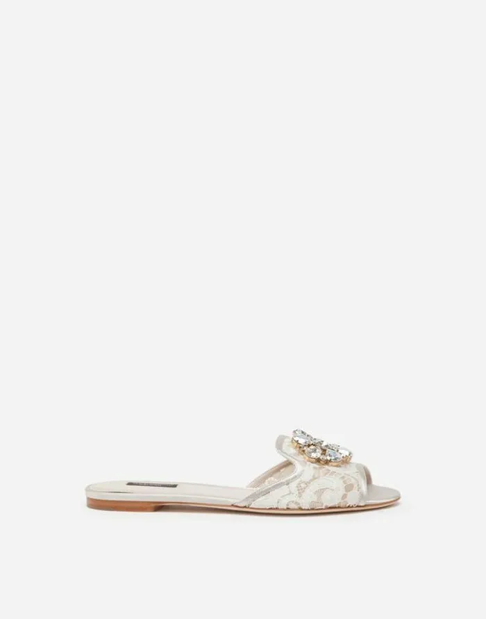 Dolce and Gabbana Slides And Mules Women Slippers In Lace With Crystals Ice