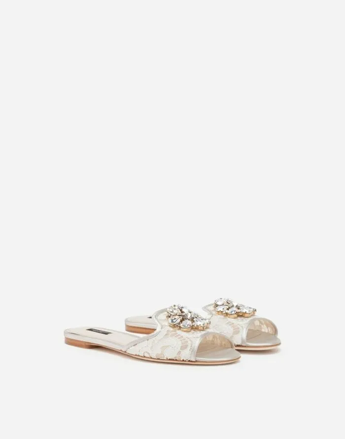 Dolce and Gabbana Slides And Mules Women Slippers In Lace With Crystals Ice Dolce and Gabbana Slides And Mules Women Slippers In Lace With Crystals Ice
