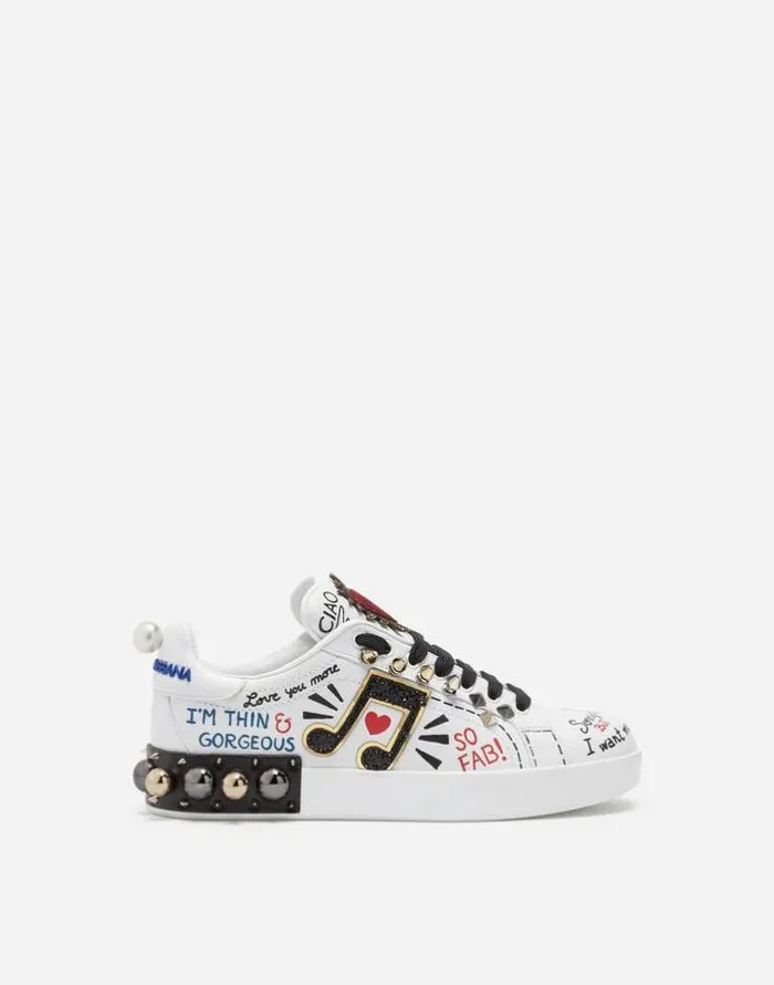 Dolce and Gabbana Sneakers Women Printed Calfskin Nappa Portofino Sneakers With Patch And Embroidery White