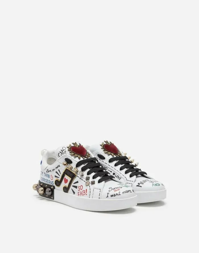 Dolce and Gabbana Sneakers Women Printed Calfskin Nappa Portofino Sneakers With Patch And Embroidery White Dolce and Gabbana Sneakers Women Printed Calfskin Nappa Portofino Sneakers With Patch And Embroidery White