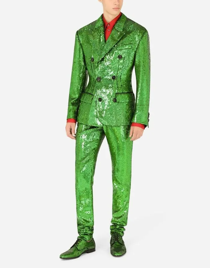 Dolce and Gabbana Suits And Blazers Men Doublebreasted Sequined Jacket Green