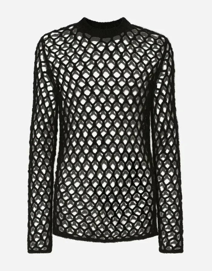 Dolce and Gabbana Sweaters And Cardigans Men Mohairwool Meshstitch Roundneck Sweater Black Dolce and Gabbana Sweaters And Cardigans Men Mohairwool Meshstitch Roundneck Sweater Black