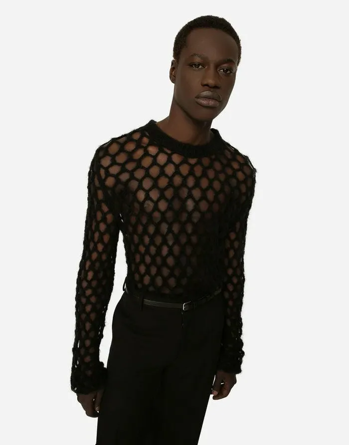 Dolce and Gabbana Sweaters And Cardigans Men Mohairwool Meshstitch Roundneck Sweater Black Dolce and Gabbana Sweaters And Cardigans Men Mohairwool Meshstitch Roundneck Sweater Black