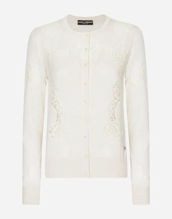 Dolce and Gabbana Sweaters And Cardigans Women Cashmere And Silk Cardigan With Lace Inlay White Dolce and Gabbana Sweaters And Cardigans Women Cashmere And Silk Cardigan With Lace Inlay White