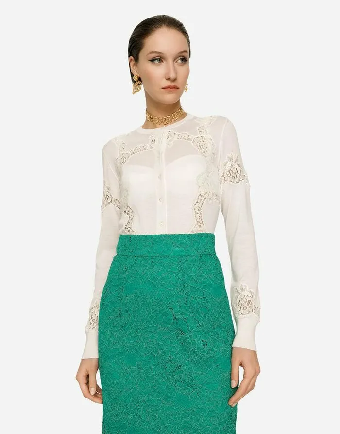 Dolce and Gabbana Sweaters And Cardigans Women Cashmere And Silk Cardigan With Lace Inlay White Dolce and Gabbana Sweaters And Cardigans Women Cashmere And Silk Cardigan With Lace Inlay White