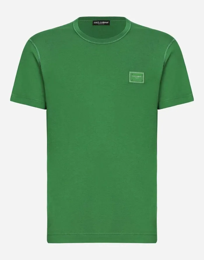 Dolce and Gabbana TShirts And Polos Men Cotton Tshirt With Logoed Plaque Green