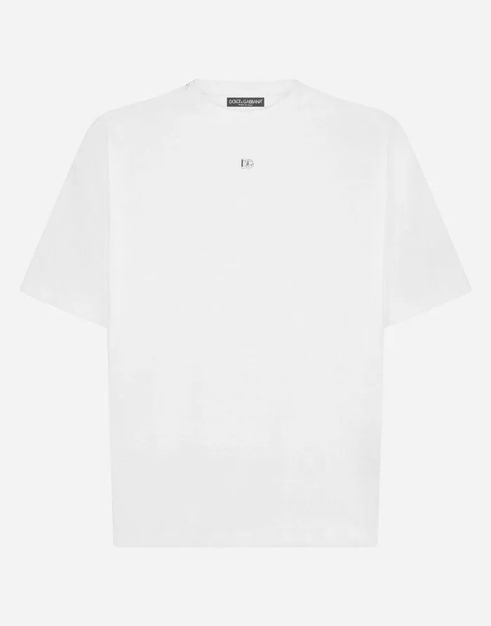 Dolce and Gabbana TShirts And Polos Men Cotton Tshirt With Metal DG Logo White Dolce and Gabbana TShirts And Polos Men Cotton Tshirt With Metal DG Logo White