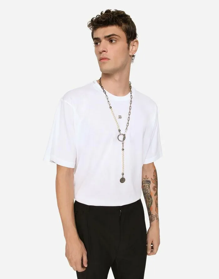 Dolce and Gabbana TShirts And Polos Men Cotton Tshirt With Metal DG Logo White Dolce and Gabbana TShirts And Polos Men Cotton Tshirt With Metal DG Logo White