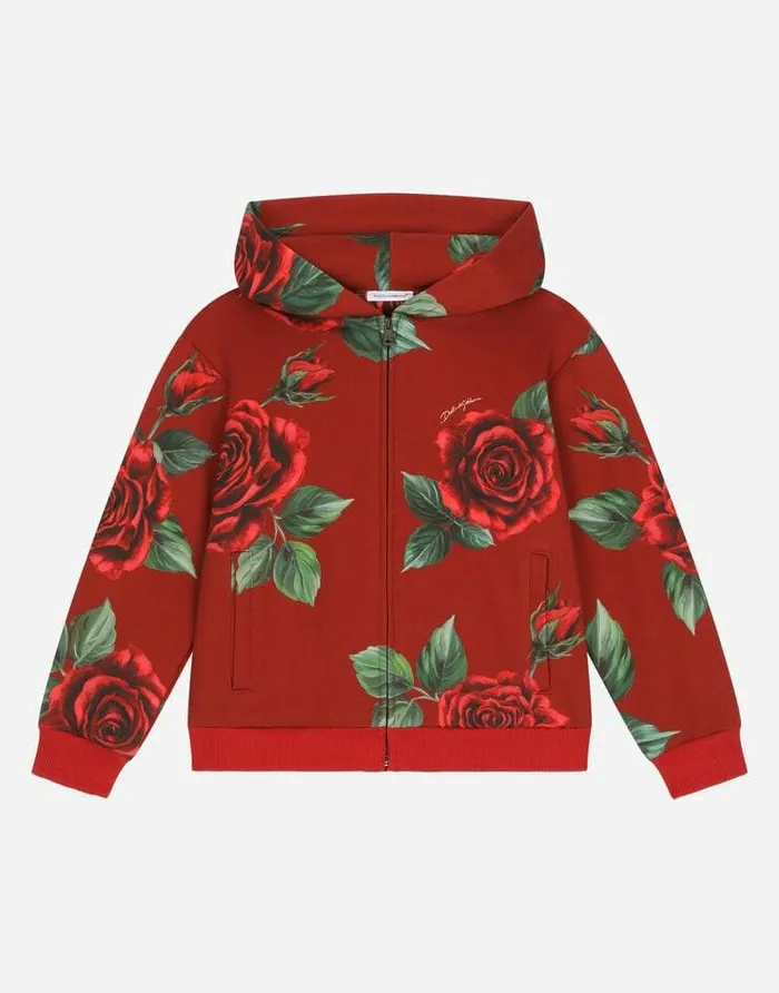 Dolce and Gabbana TShirts And Sweatshirts Children Jersey Hoodie With Rose Print Red Dolce and Gabbana TShirts And Sweatshirts Children Jersey Hoodie With Rose Print Red