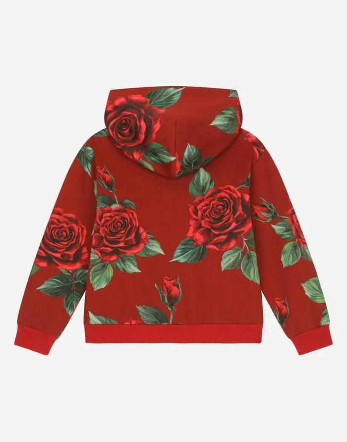 Dolce and Gabbana TShirts And Sweatshirts Children Jersey Hoodie With Rose Print Red
