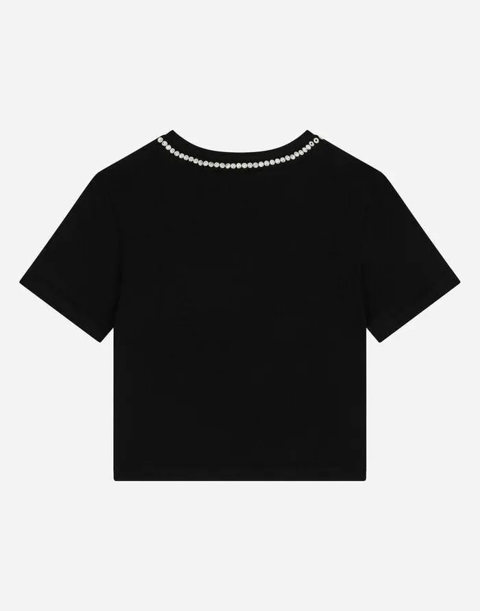 Dolce and Gabbana TShirts And Sweatshirts Children Shortsleeved Jersey Tshirt With Rhinestones Black