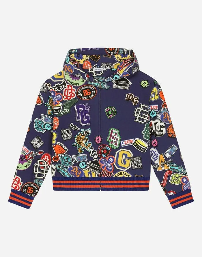 Dolce and Gabbana TShirts And Sweatshirts Children Zipup Hoodie With Stickers Print Blue Dolce and Gabbana TShirts And Sweatshirts Children Zipup Hoodie With Stickers Print Blue