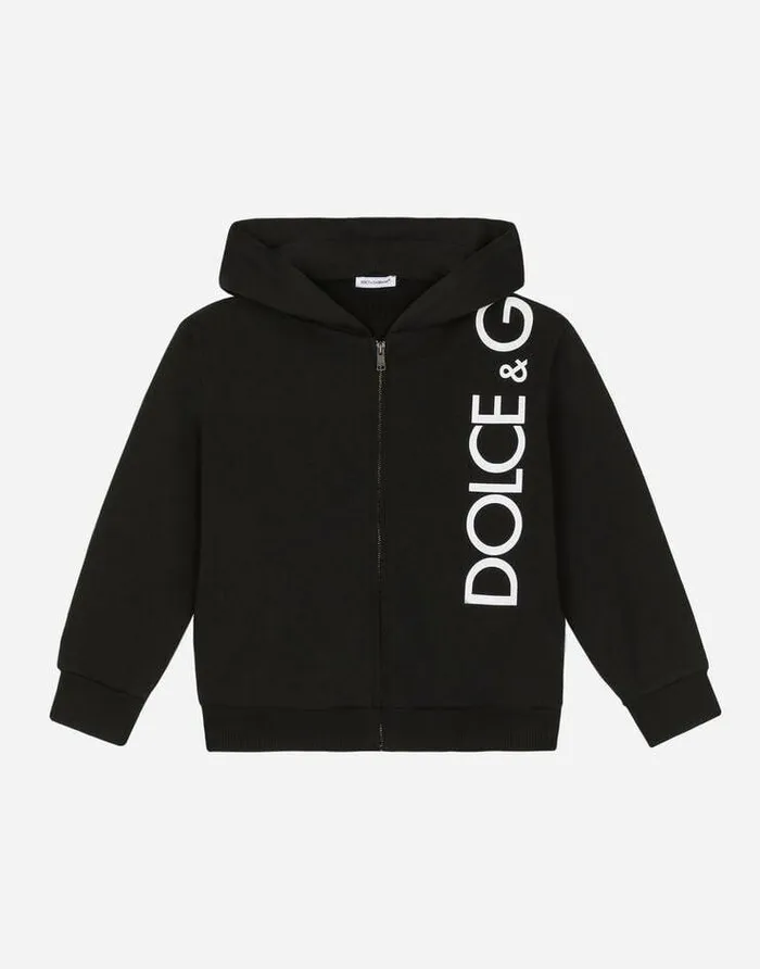 Dolce and Gabbana TShirts And Sweatshirts Children Zipup Jersey Hoodie With Logo Print Black Dolce and Gabbana TShirts And Sweatshirts Children Zipup Jersey Hoodie With Logo Print Black