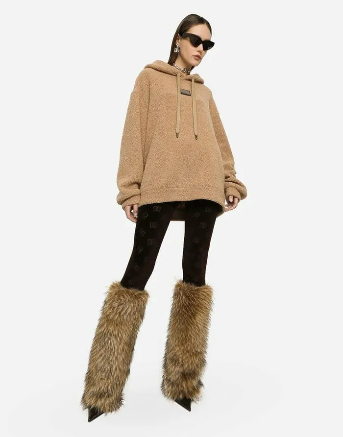 Dolce and Gabbana TShirts And Sweatshirts Women Wool Jersey Hoodie With Logo Tag Beige Dolce and Gabbana TShirts And Sweatshirts Women Wool Jersey Hoodie With Logo Tag Beige