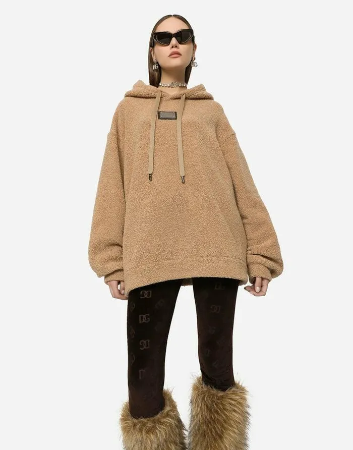 Dolce and Gabbana TShirts And Sweatshirts Women Wool Jersey Hoodie With Logo Tag Beige Dolce and Gabbana TShirts And Sweatshirts Women Wool Jersey Hoodie With Logo Tag Beige