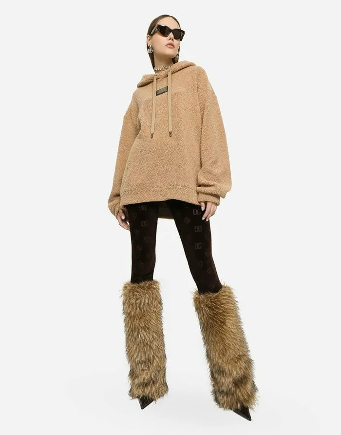 Dolce and Gabbana TShirts And Sweatshirts Women Wool Jersey Hoodie With Logo Tag Beige Dolce and Gabbana TShirts And Sweatshirts Women Wool Jersey Hoodie With Logo Tag Beige