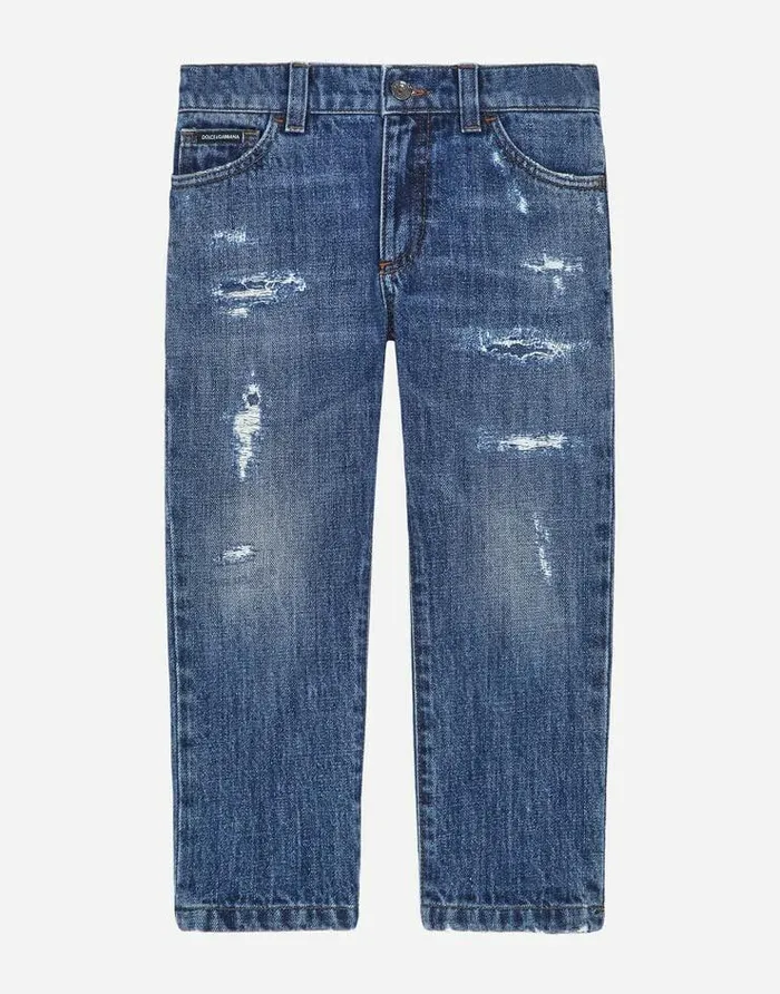 Dolce and Gabbana Trousers And Shorts Children Petrol Blue Regularfit Stretch Jeans With Abrasions Blue