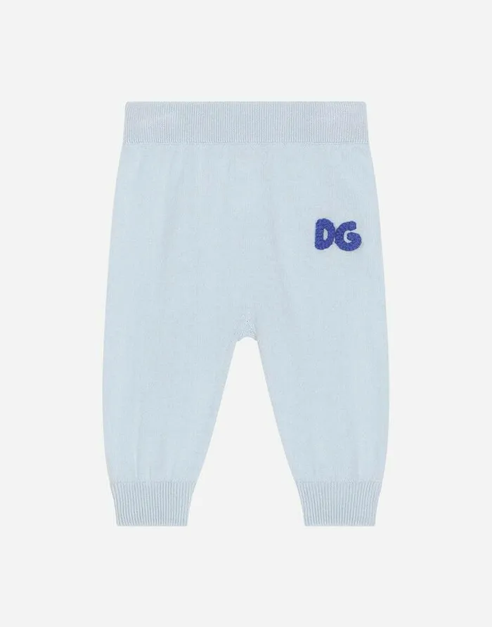 Dolce and Gabbana Trousers And Shorts Children Plain Knit Pants With DG Logo Patch Azure