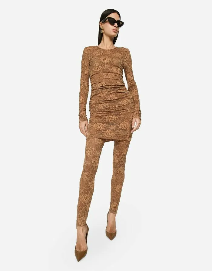 Dolce and Gabbana Trousers And Shorts Women Lace Leggings With Branded Elastic Beige