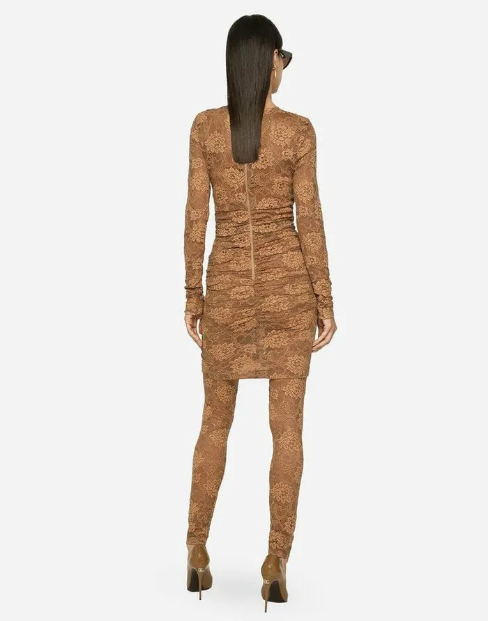Dolce and Gabbana Trousers And Shorts Women Lace Leggings With Branded Elastic Beige