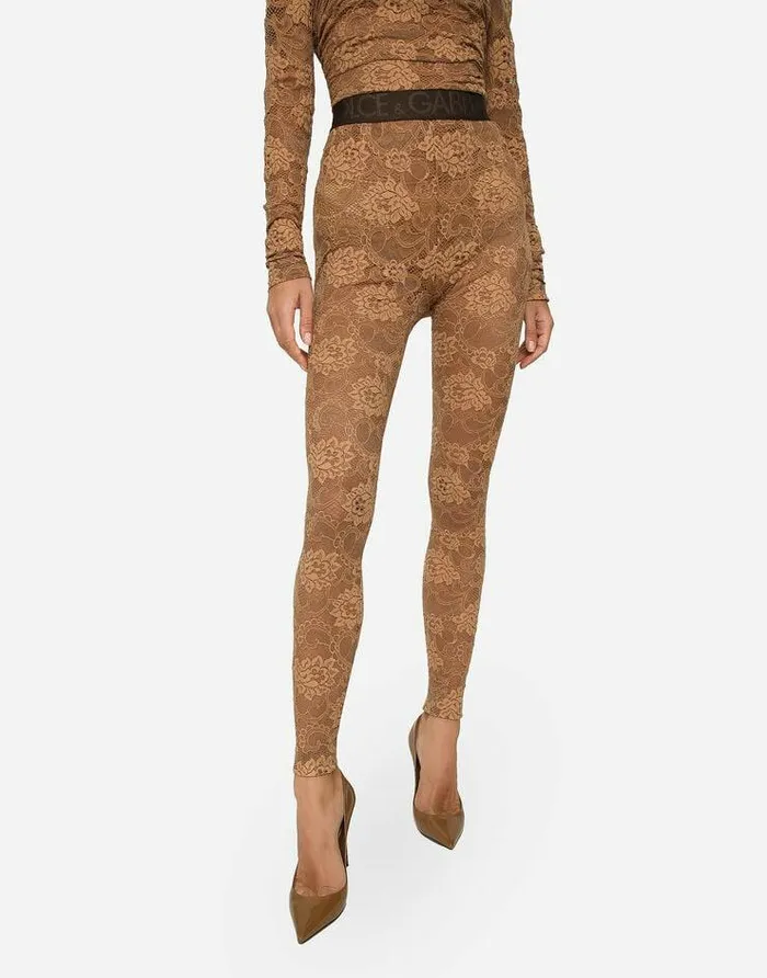 Dolce and Gabbana Trousers And Shorts Women Lace Leggings With Branded Elastic Beige