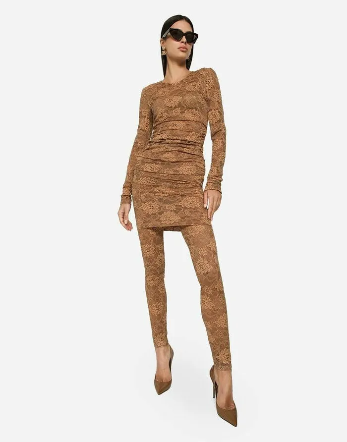 Dolce and Gabbana Trousers And Shorts Women Lace Leggings With Branded Elastic Beige