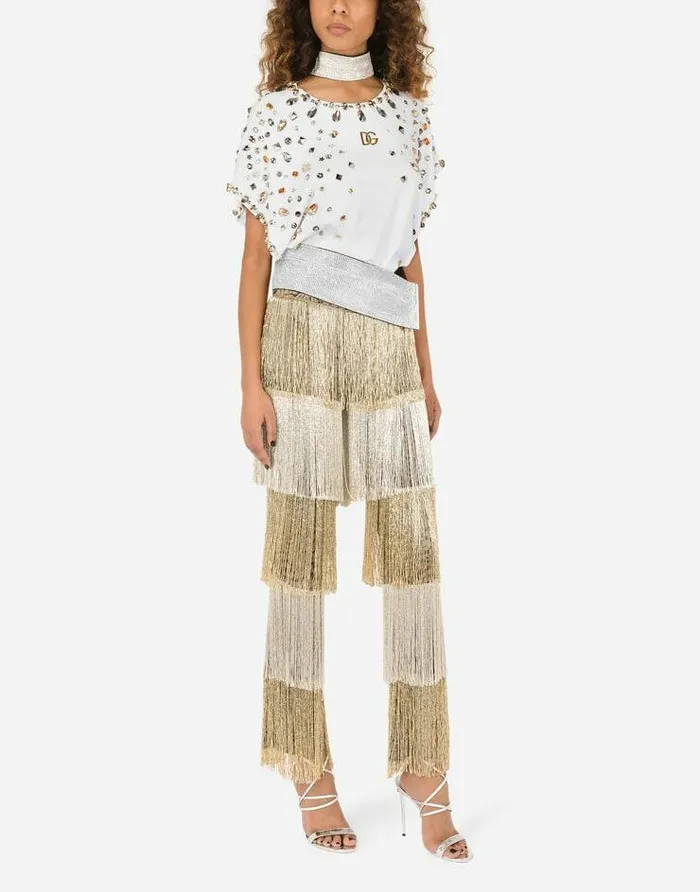 Dolce and Gabbana Trousers And Shorts Women Lace Pants With Beaded Fringing Multicolor Dolce and Gabbana Trousers And Shorts Women Lace Pants With Beaded Fringing Multicolor