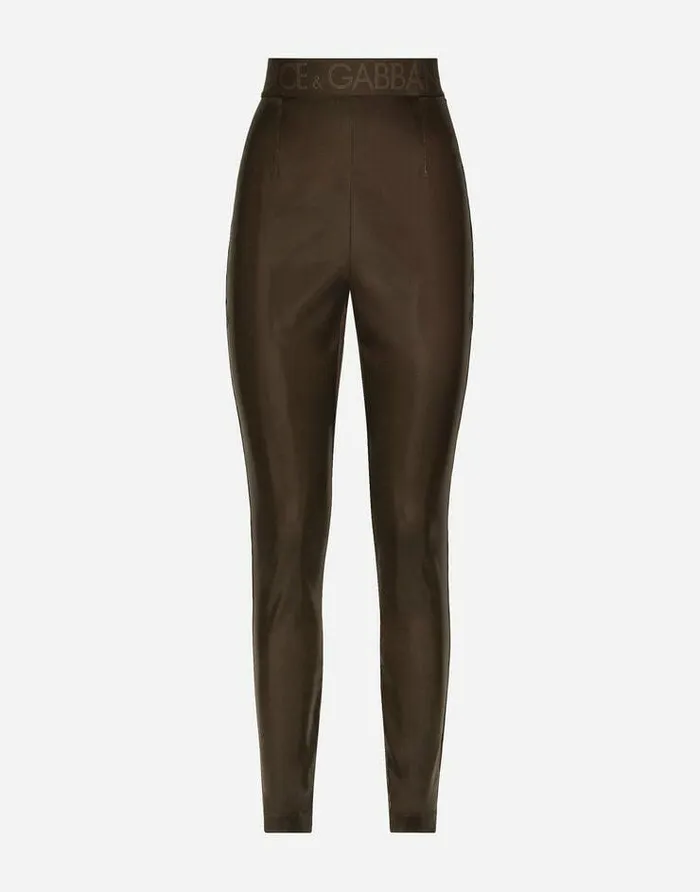 Dolce and Gabbana Trousers And Shorts Women Shiny Satin Leggings With Branded Elastic Brown Dolce and Gabbana Trousers And Shorts Women Shiny Satin Leggings With Branded Elastic Brown