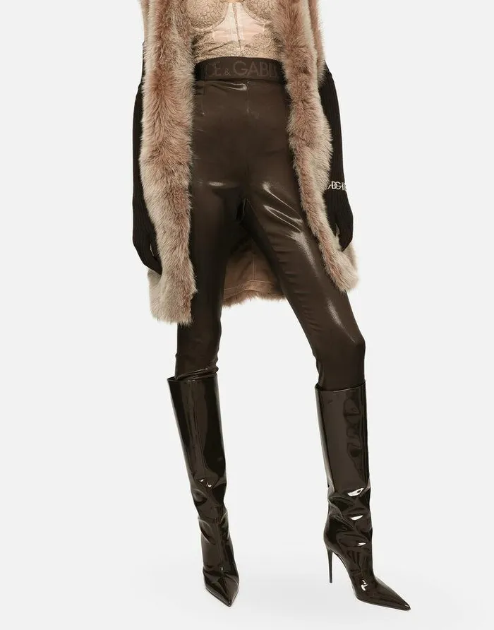 Dolce and Gabbana Trousers And Shorts Women Shiny Satin Leggings With Branded Elastic Brown