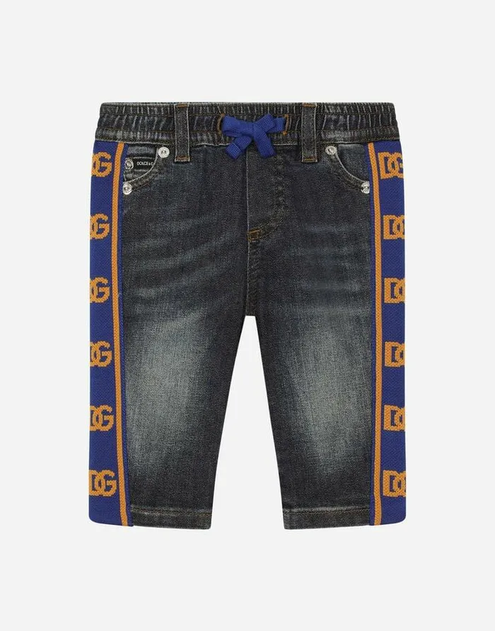 Dolce and Gabbana Trousers And Skirts Children Blue Denim Jeans With Logo Band Multicolor Dolce and Gabbana Trousers And Skirts Children Blue Denim Jeans With Logo Band Multicolor