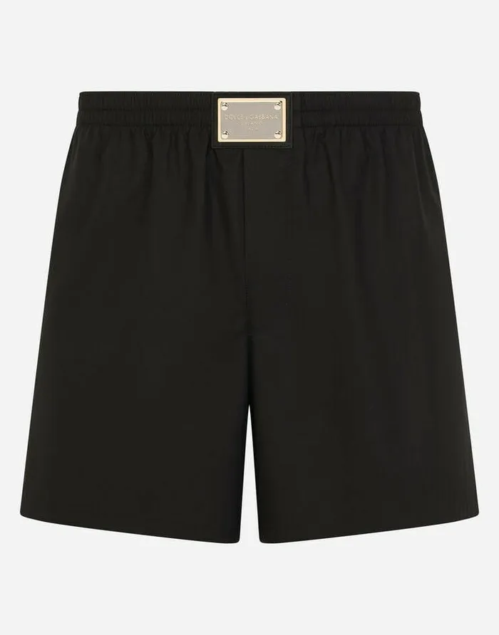 Dolce and Gabbana Underwear And Loungewear Men Long Cotton Boxers With Branded Plate Black