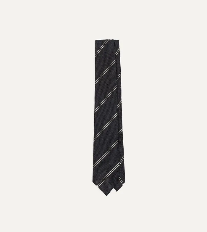 Drake039s Navy And Silver Sandwich Stripe Hand Rolled Silk Grenadine Tie 8211 Ties