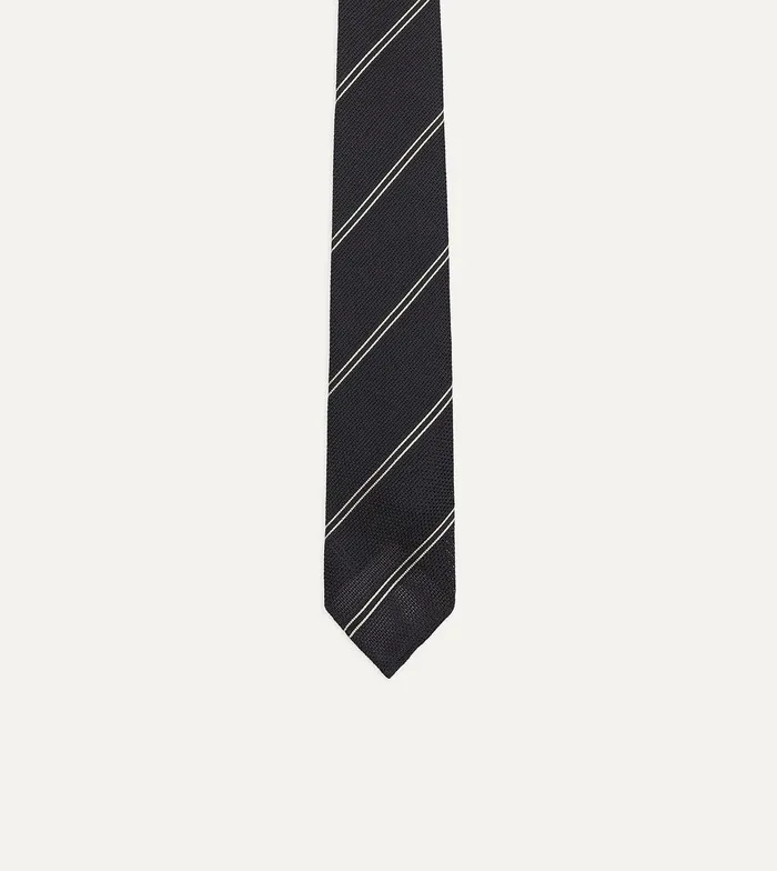 Drake039s Navy And Silver Sandwich Stripe Hand Rolled Silk Grenadine Tie 8211 Ties