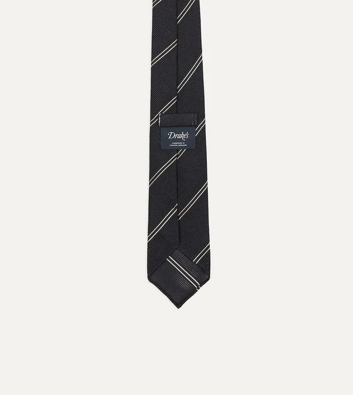 Drake039s Navy And Silver Sandwich Stripe Hand Rolled Silk Grenadine Tie 8211 Ties