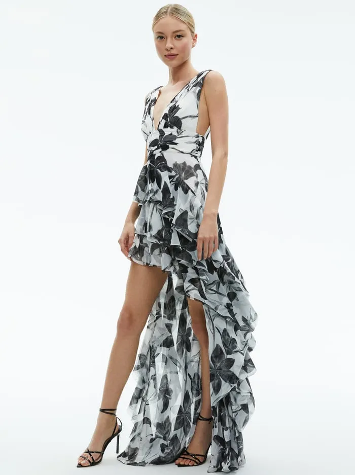 Dresses Women Alice Olivia Holly Low Neck Asymmetric Ruffled Maxi Dress Stargazer Off White Lg