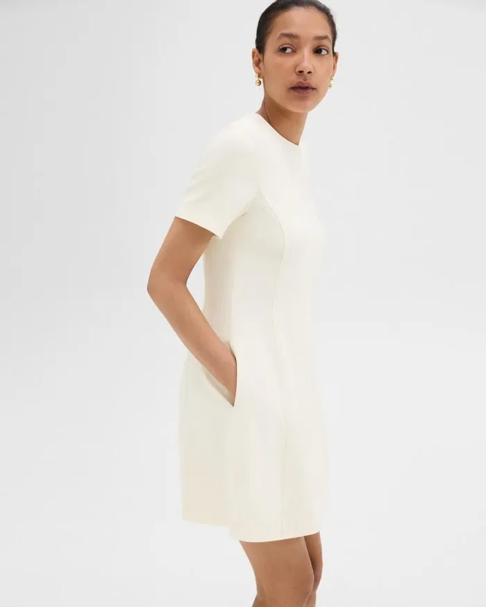 Dresses Women Theory Flared ShortSleeve Dress In Admiral Crepe Rice