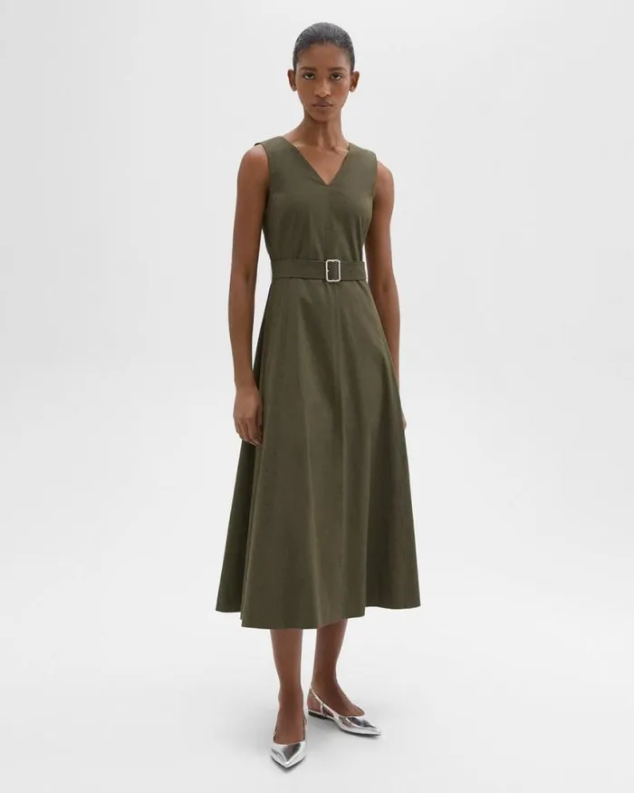 Dresses Women Theory VNeck Volume Dress In Good Linen Dark Olive