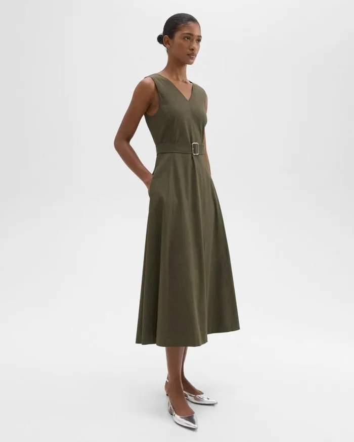 Dresses Women Theory VNeck Volume Dress In Good Linen Dark Olive