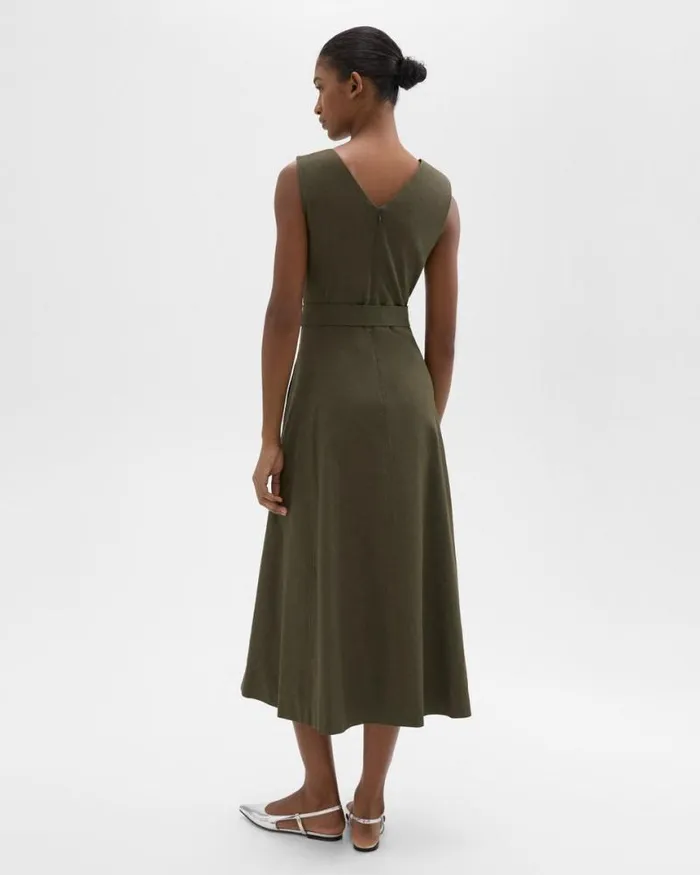 Dresses Women Theory VNeck Volume Dress In Good Linen Dark Olive