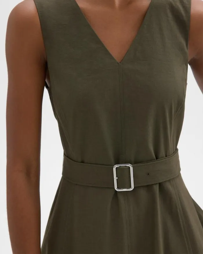 Dresses Women Theory VNeck Volume Dress In Good Linen Dark Olive