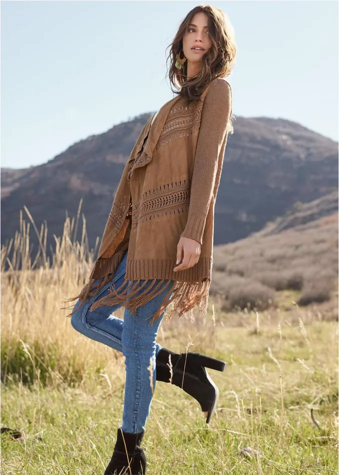 FauxSuede Fringe Cardigan Raw Umber Women VENUS Cardigans and Dusters