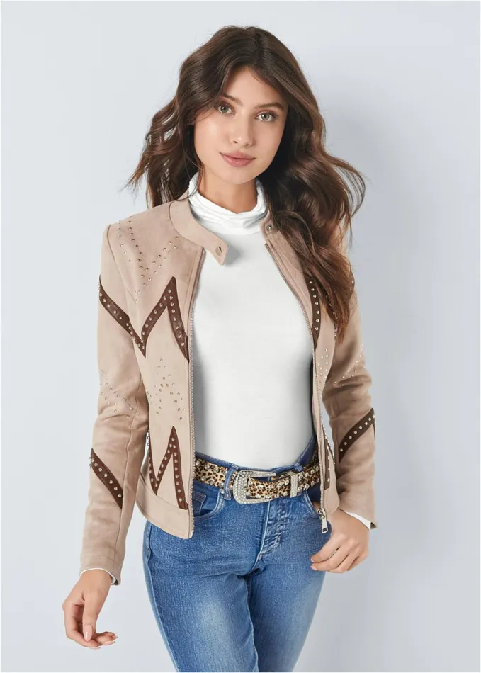FauxSuede Moto Jacket Taupe and Brown Women VENUS Jackets